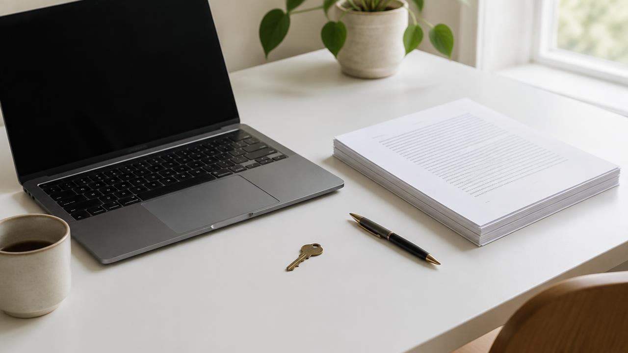 Portátil sobre un escritorio blanco junto a un manuscrito impreso, una llave y un bolígrafo