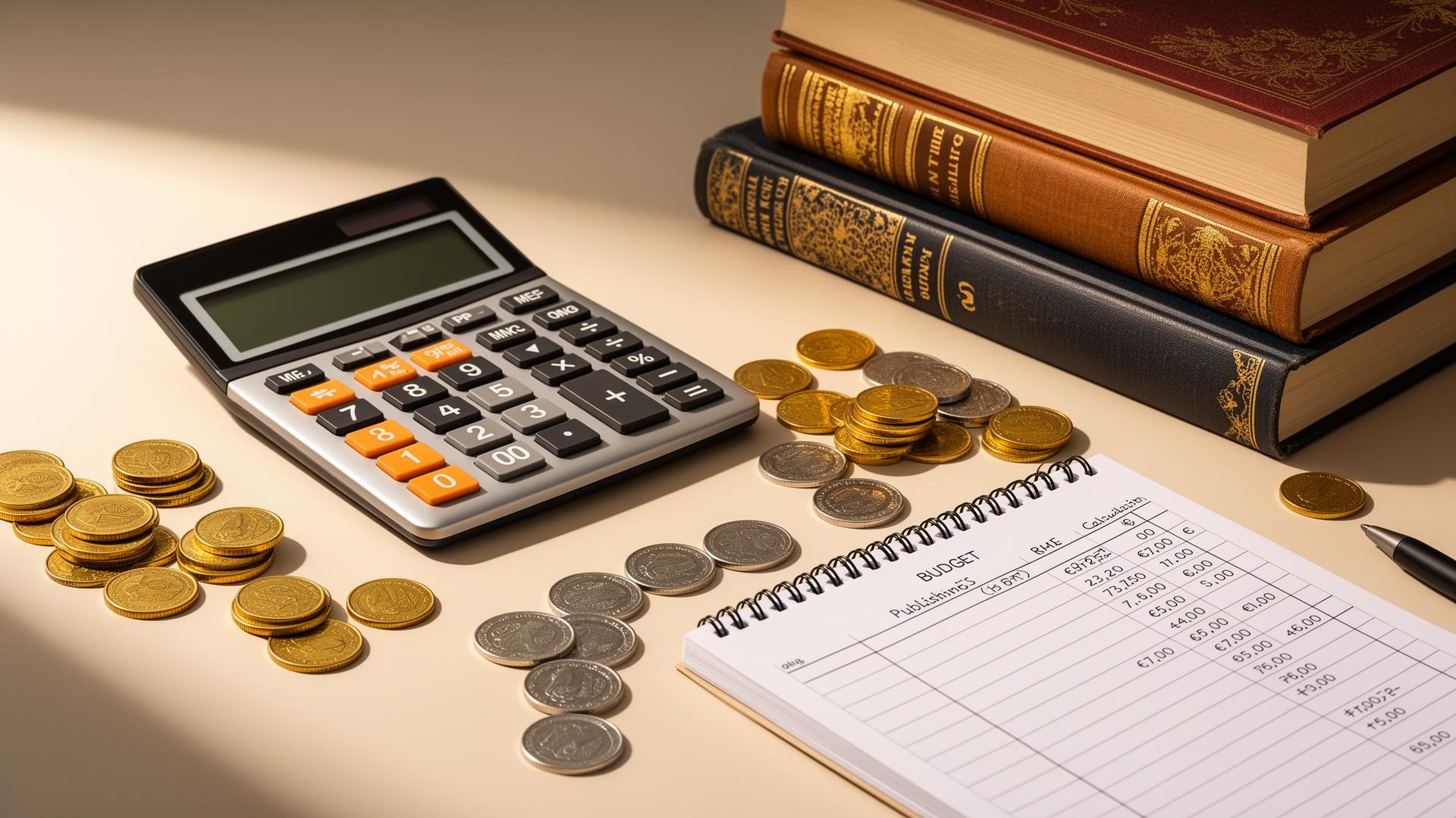 Calculadora con monedas y un libro representando los costes de publicar en Amazon KDP