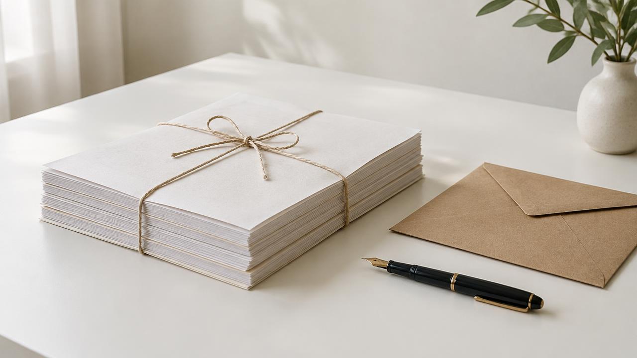 Manuscrito impreso atado con cuerda junto a un sobre y una pluma sobre un escritorio blanco