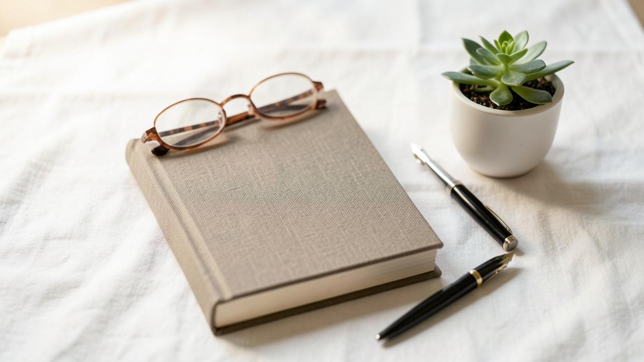 Libro, gafas y pluma sobre un escritorio blanco, representando la elección de editorial para publicar un libro