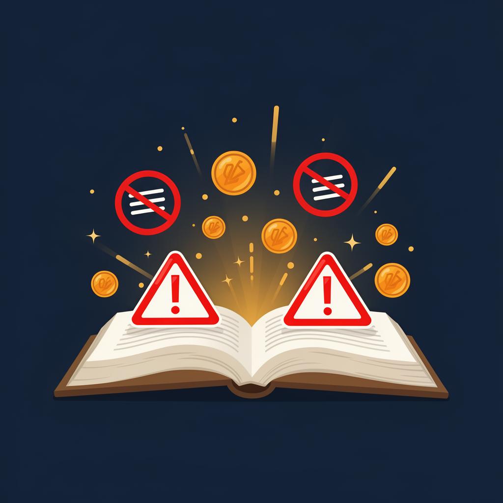 Ilustración de un libro abierto con señales de advertencia y errores de publicación en Amazon KDP