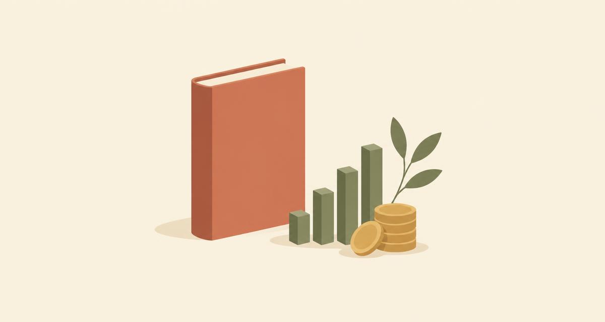 Ilustración minimalista de un libro junto a un gráfico de barras creciente y monedas