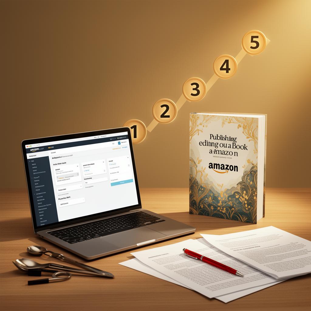 Guía paso a paso para publicar un libro en Amazon KDP con laptop, libro y pasos numerados