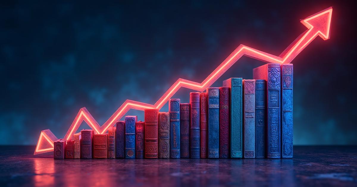Collage de portadas de libros exitosos publicados en Amazon KDP con gráfico ascendente